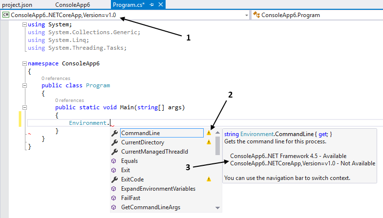 Visual Studio Intellisense indicates whether a class or member is available in .NET Core