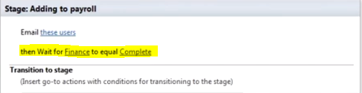 Image of a SharePoint Designer with a stage that waits for a field change